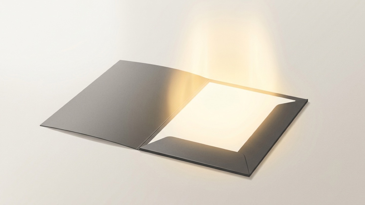A charcoal open folder on an off-white surface, holding a single white sheet with a warm golden glow rising from the page