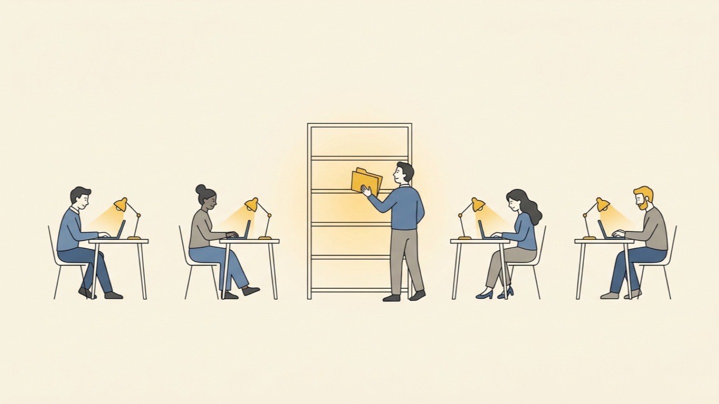 Illustration of four people working alone at separate desks under their own lamps while a fifth places a yellow folder on an empty shared shelf in the middle
