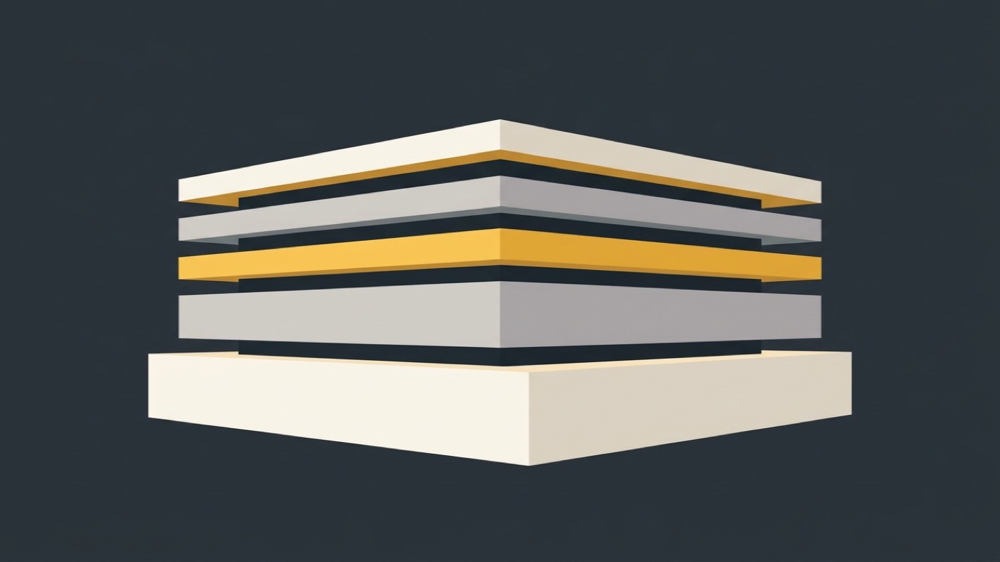 Five plain layers stacked in order, each one resting on the one below it, the lowest layer the widest and most solid