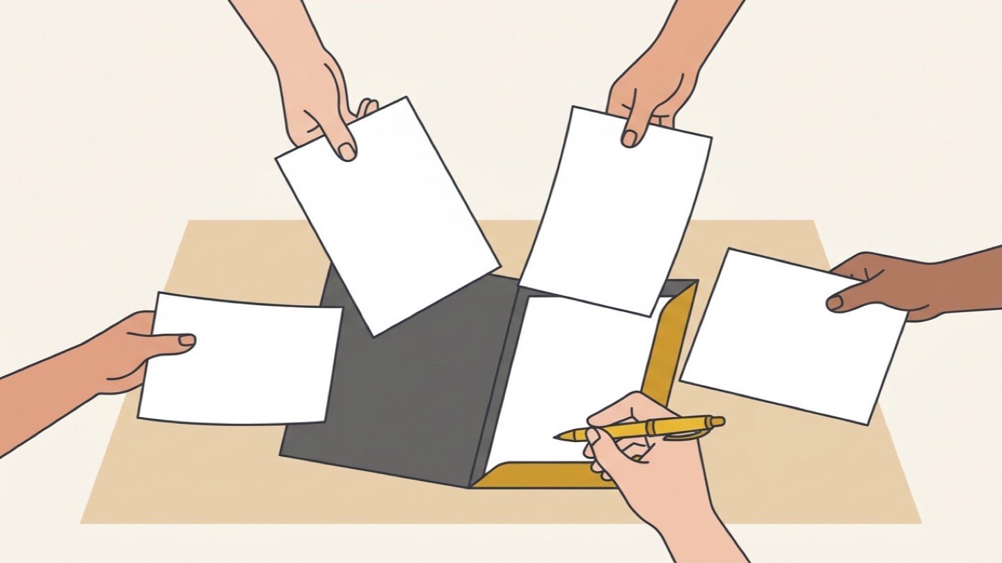 Flat illustration of five hands around a table: four hold sheets of paper toward one open folder while the fifth signs with a yellow pen