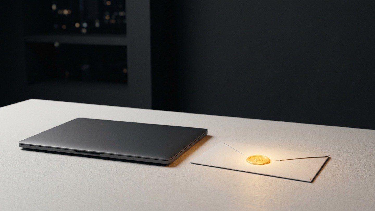 A closed charcoal laptop on an off-white desk at night, beside a sealed envelope whose golden wax seal glows warmly