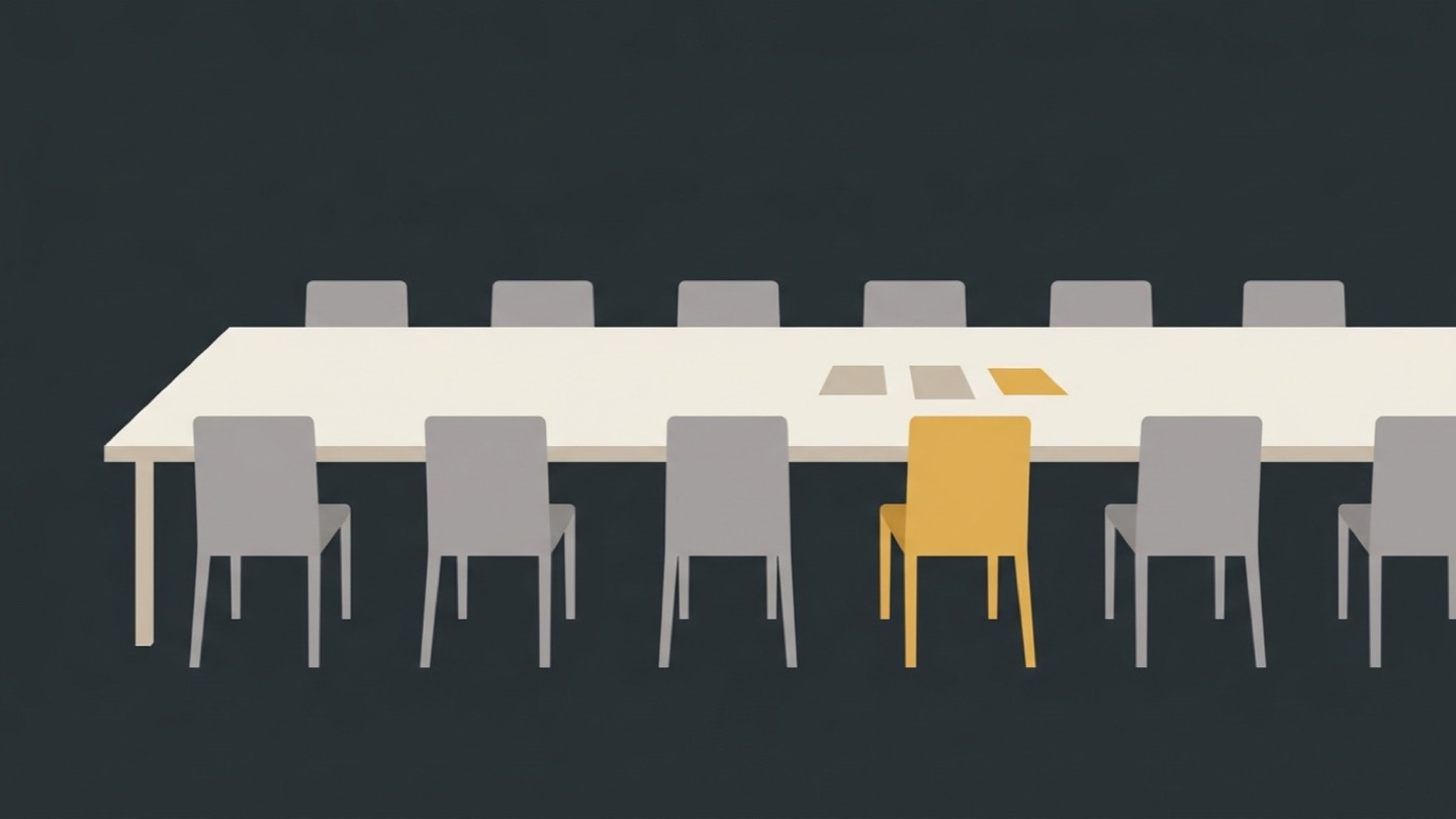 A long leadership table lined with identical grey chairs, one seat picked out in yellow with three small documents waiting in front of it