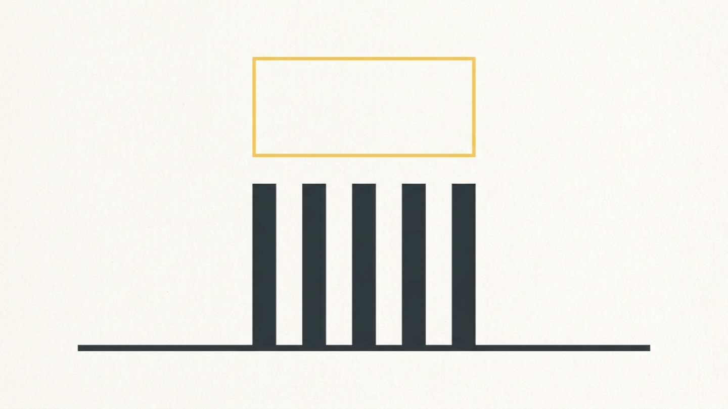 Five dark vertical bars rising from a single horizontal line, with an empty rectangle outlined in yellow floating above them on an off-white background.