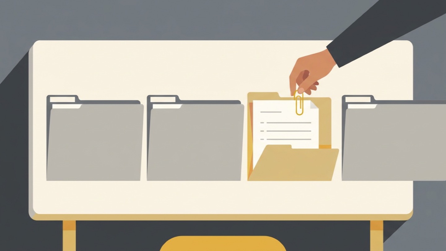 Flat illustration of a row of file folders on a desk, one open with a checklist page, as a hand clips it with a yellow paper clip