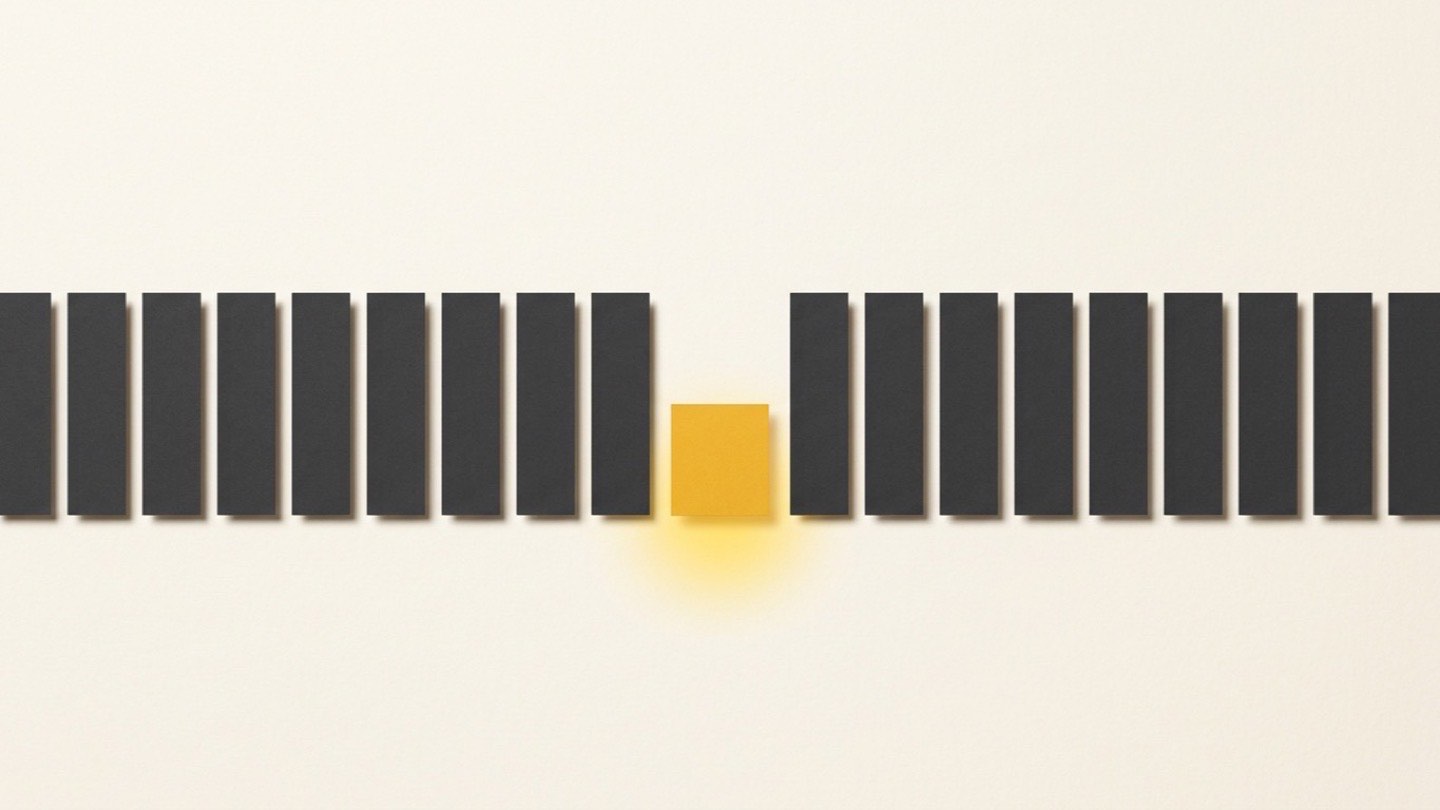 A row of tall charcoal blocks across a warm off-white ground, like a filled schedule, with one slot open near the center where a small golden square sits lower than the rest and glows softly onto the paper beneath it